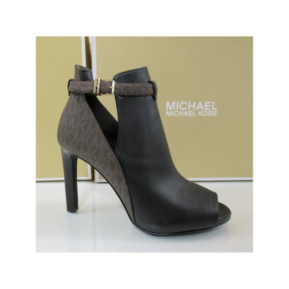 Michael Kors Lawson Open Toe High Heel Buckled Bootie Black / Brown Size 7.5